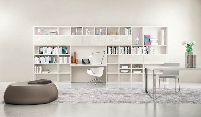 Modern Workroom Decoration Ideas From White Wall Interior And White Flooring With Wide White Rug Design And White Bookshelves With Computer Table And White Chair Design And White Desk With White Bedroom