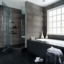 Bathroom Thumbnail size Nice Bathroom With Laminated Gray Wall Bathtub Ceramic Accessories Small Window Glass Shower Cair And Slipper
