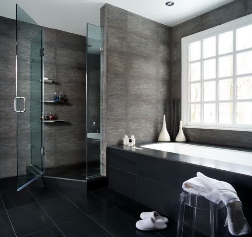 Bathroom Nice Bathroom With Laminated Gray Wall Bathtub Ceramic Accessories Small Window Glass Shower Cair And Slipper Contemporary Bathroom Design with Modern Relaxing Space