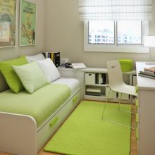Bedroom Thumbnail size Nice Green Color For Room Interior Design For Small Bedroom With Long Fur Rug White Chairm Wooden Laminated Floor Little Bedroom And Pillow Wall Pics Books Lamp Box Storage Curtain And Window