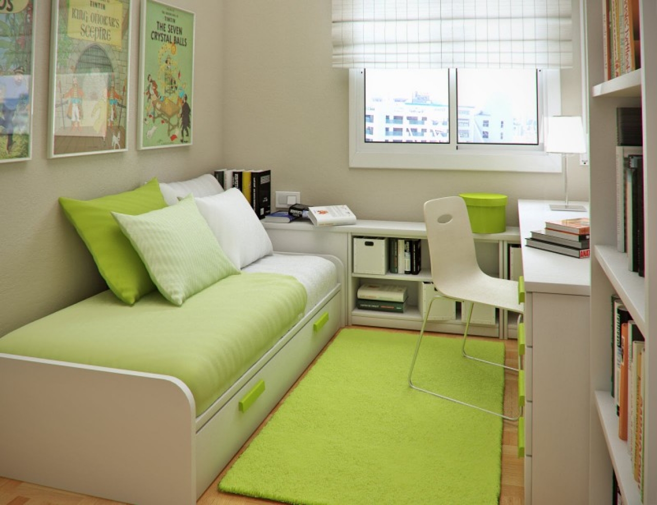 Nice Green Color For Room Interior Design For Small Bedroom With Long Fur Rug White Chairm Wooden Laminated Floor Little Bedroom And Pillow Wall Pics Books Lamp Box Storage Curtain And Window Bedroom