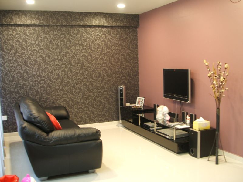 Pink Color Wall Paint For Living Room Ideas With Black Sofa Tv Screen Accessories Small Cabinet For Dvd And Several Accessories White Stained Flooring Best Wallpaper For Modern Interior Concept Living Room