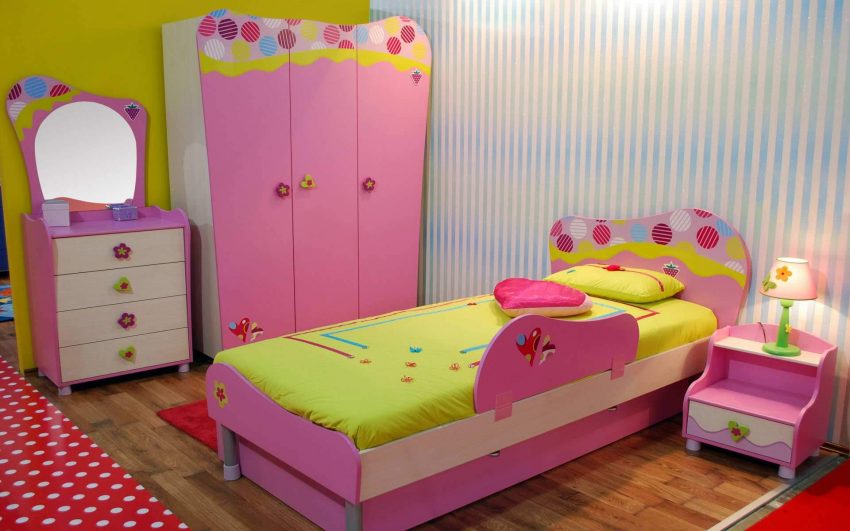 Kids Room Medium size Pink Set Bedroom With Wardrobe Mini Chest Of Drawer Mirror Red Rug Pillow Box Cute Lamp Zebra Wall And Laminated Floor For Girls Bedroom