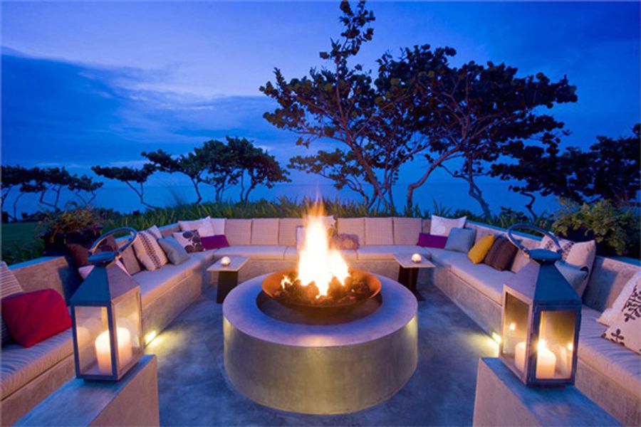 Romantic Outdoor Interior Terrace Landscape With Fireplace On Round Table Simple Lighting Large Modern Sofa Ideas With Pillow Green Plan Grass With Amazing View Beach Ideas Furniture + Accessories