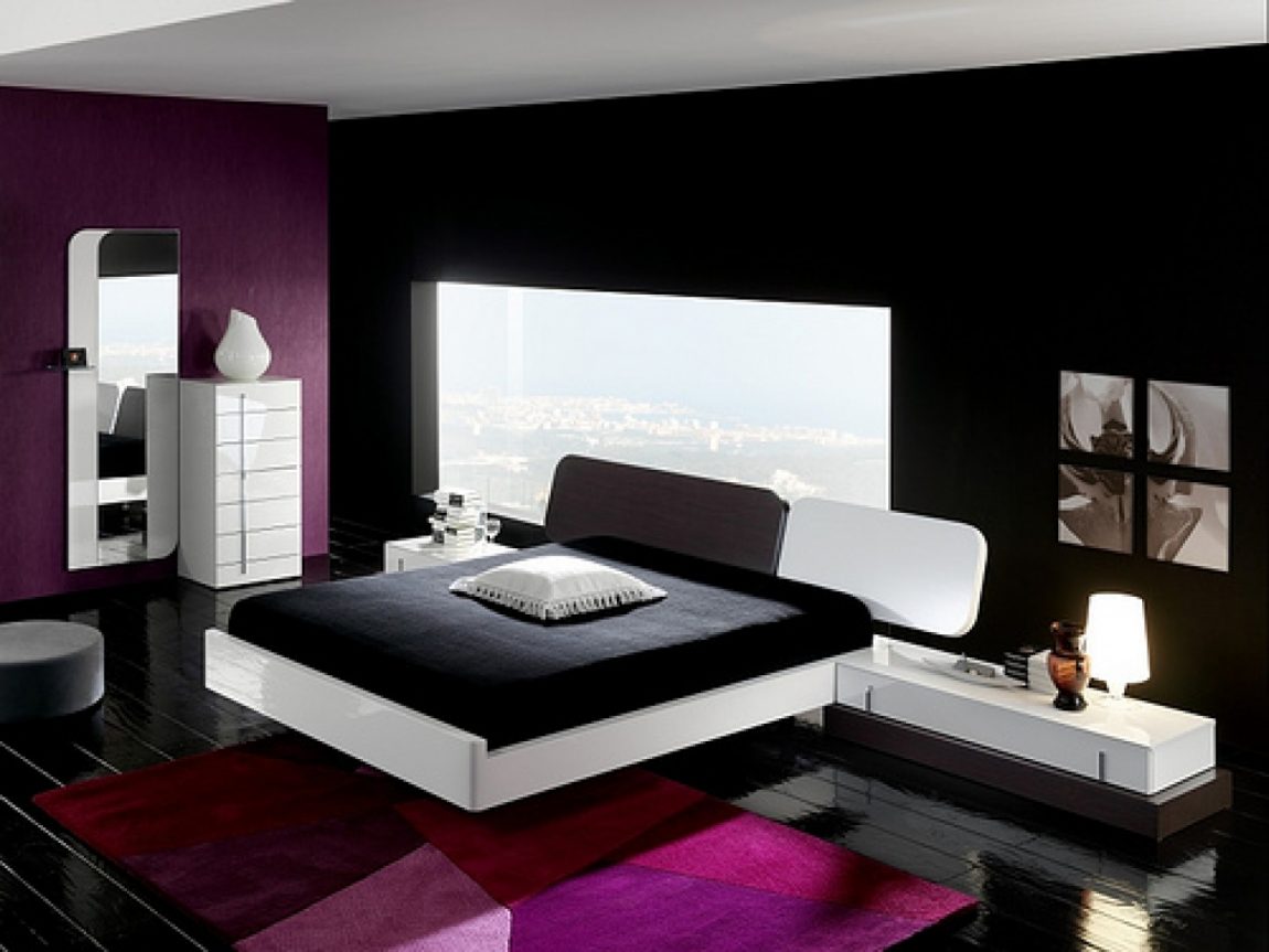 Bedroom Large-size Room Interior Design For Small Bedroom With Black And White Bedroom And Wall Black Laminated Flooring Pillow Large Rug Round Chair Lamp Small Long Table White Cupboard Lamp And Window With Amazing Views Bedroom