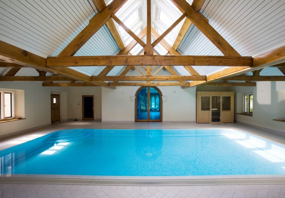 Pool Design Large-size Simple Indoor Swimming Pool Design With Wooden Laminated Ceiling Classic Window White Wall Doors Sitting Space And Pure Water Ideas Pool Design