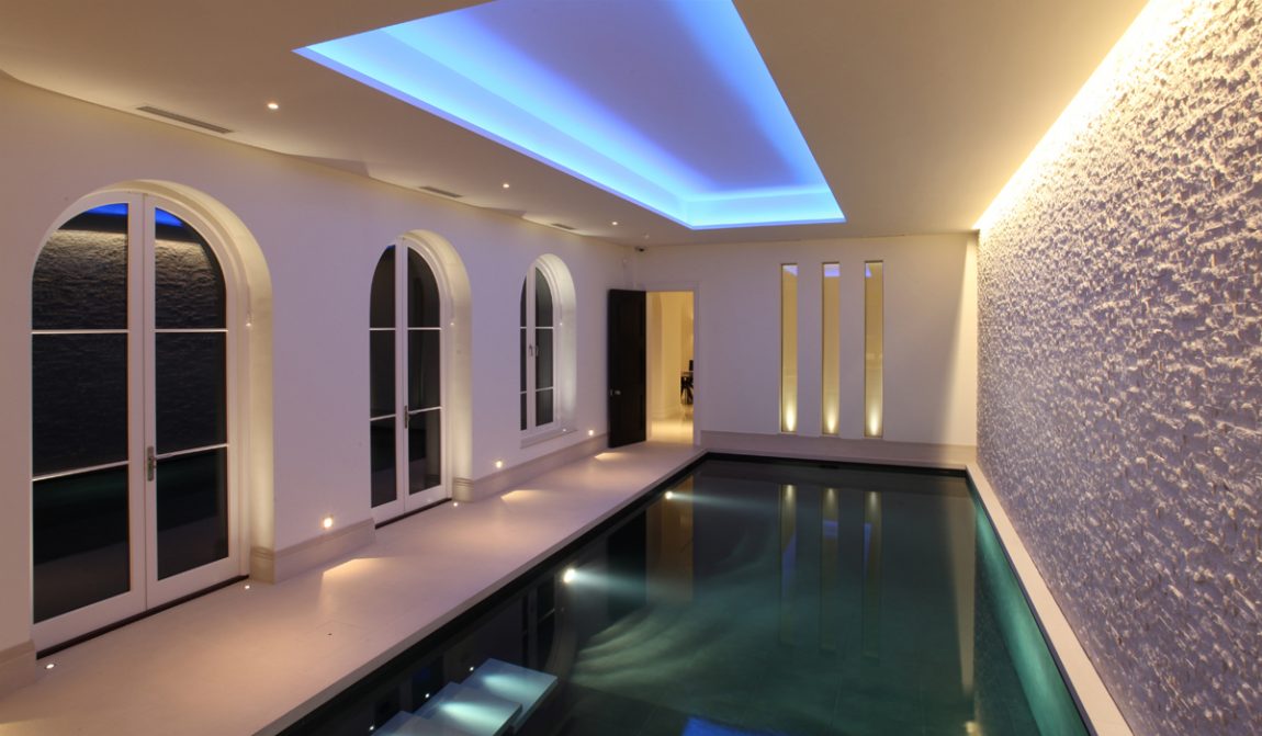 Pool Design Large-size Simple Swiiming Pool Lighting Design With Classic Window White Wall Blue Modern Ceiling Wall Tile Ideas Mini Stair And Modern Floor Ideas For Inddor Pool  Pool Design