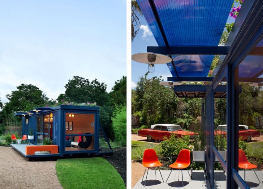 Exterior Design Medium size Small Blue Canopy In Shipping Container House Front Simple Terrace Design With Two Orange Chairs And Blue Light Ceiling Lamp Green Planting Large Yard For The Choice Concept