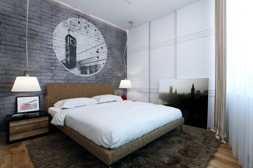 Bedroom Medium size Teen Bedroom Masculine Bedroom Design Ceiling Lamp Grey Brick Wall Comfy Bed Headboard White Pillow White Bed Covers Wooden Flooring Large Brown Fur Rug White Cream Curtains Ideas