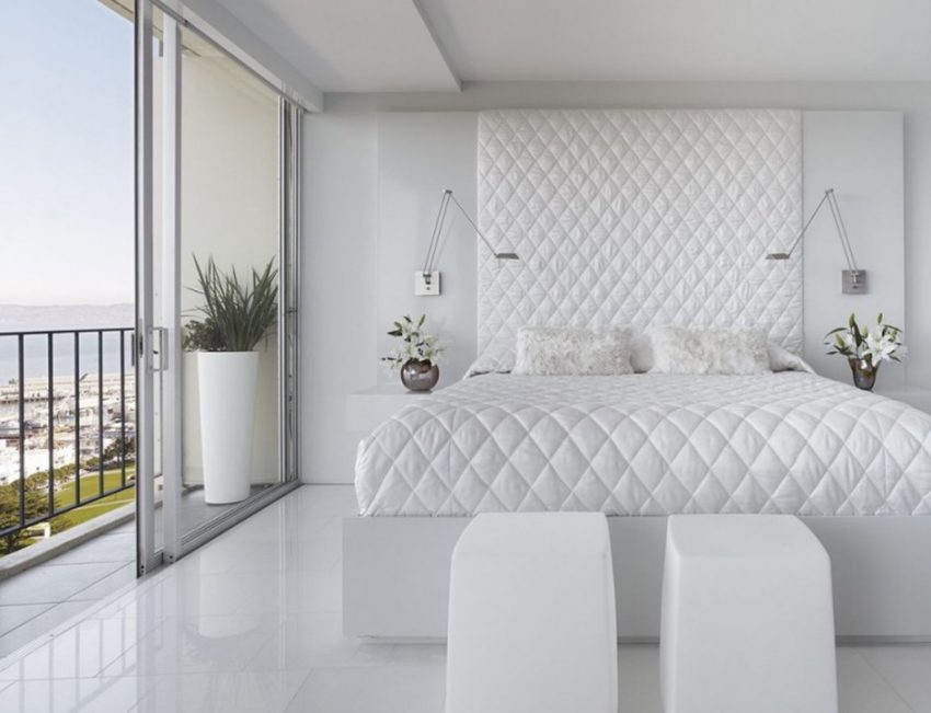 Bedroom Medium size White Apartment Bedroom Design Ideas Comfy Bed White Headboards Design Sliding Glass Door With White Pillow With Wall Lamp For Bedroom Wall Design Ideas With White Ceramic Tile Floor Design