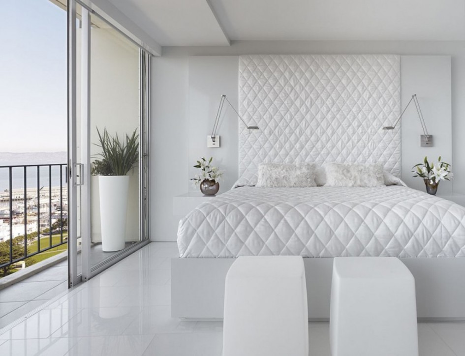 White Apartment Bedroom Design Ideas Comfy Bed White Headboards Design Sliding Glass Door With White Pillow With Wall Lamp For Bedroom Wall Design Ideas With White Ceramic Tile Floor Design Bedroom