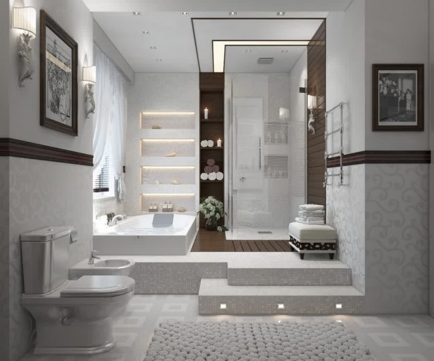 Bathroom Medium size White Color Concept With Lighting Modercture Glass Shower Accessories Chair Carpet Tile Wall Picture Window And Curtain For Bathroom Design