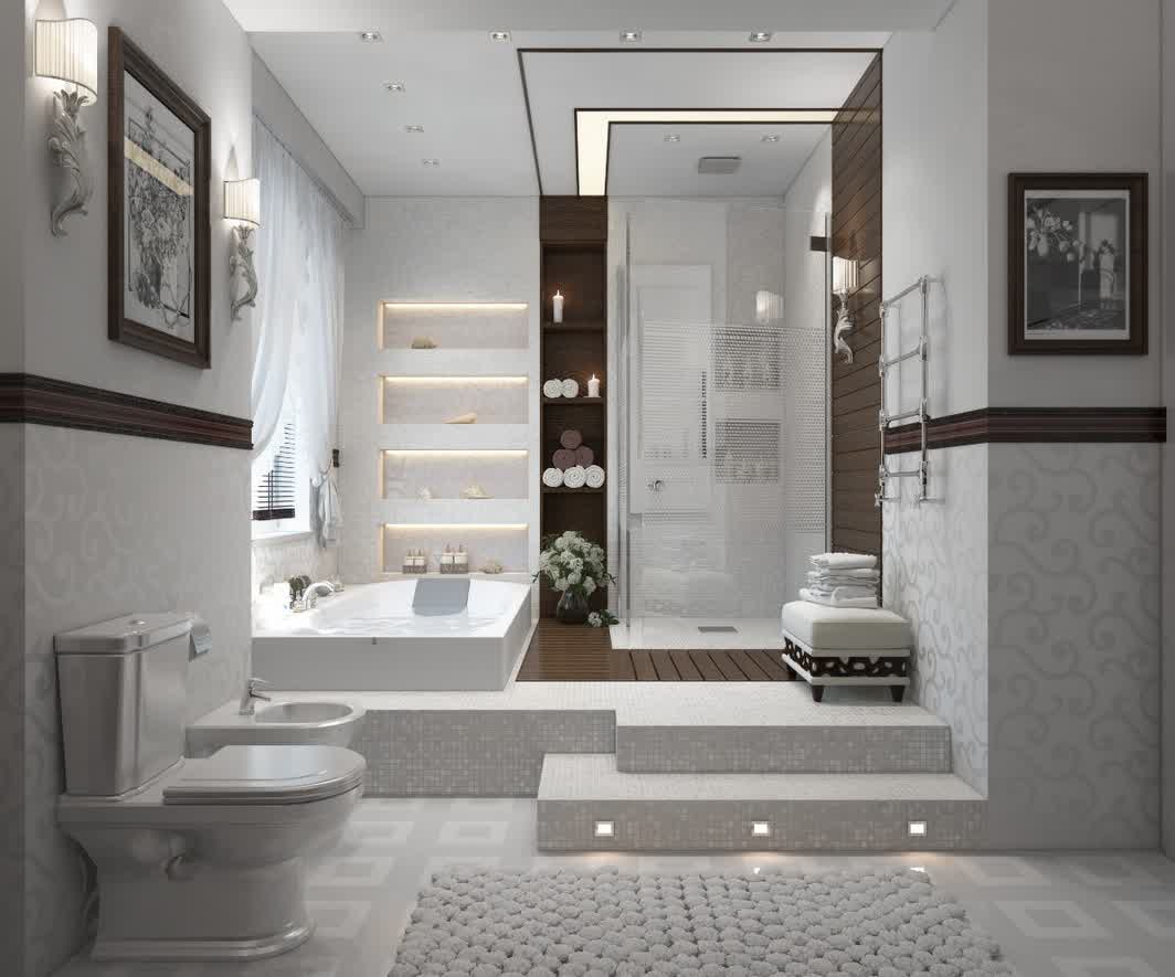 White Color Concept With Lighting Modercture Glass Shower Accessories Chair Carpet Tile Wall Picture Window And Curtain For Bathroom Design Bathroom