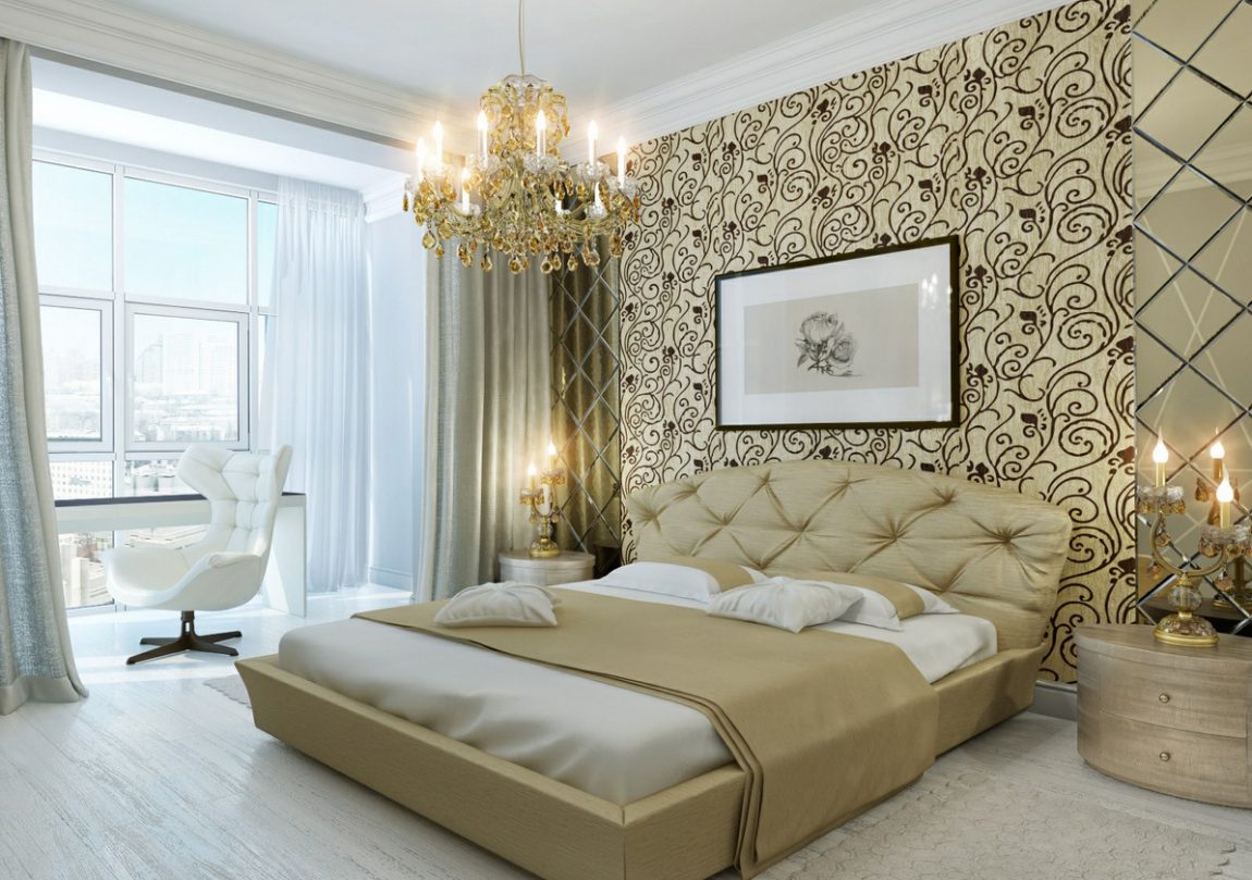 Bedroom Large-size White Cream Color For Decorating Classic Interior Bedroom With ChandilierLarge WindowCurtainChairLightingWallpaparPictureRug And Stained Floor Design Ideas Bedroom