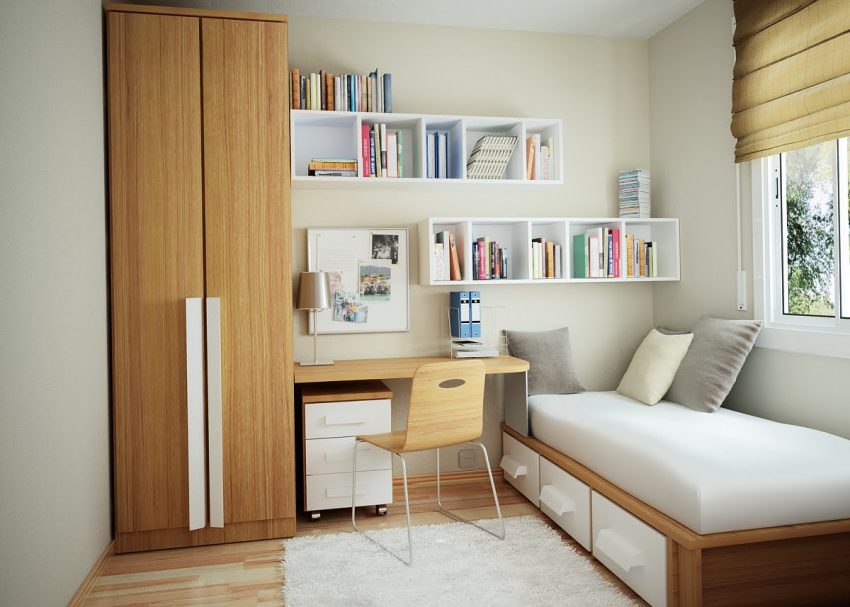 Bedroom Medium size Wooden FLoor With White Fur Rug Laminated Wooden Cupboard White Storage Lamp Several Books Chair Mini CabinetTablePillowSingle BedroomCurtain And Small Window For Room Interior Design For Small Bedroom