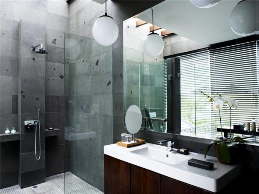 Bathroom Amazing Ball Hanging Lamps Over White Concrete Sink White Top Feat Wide Wall Mount Mirror As Well As Gray Granite Wall Panels In Modern Gray Hotel Bathroom Decors Soothing Hotel Bathroom Minimalist Bathroom Designs - What Are The Options?
