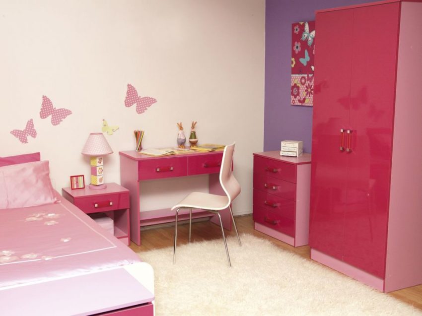 Kids Room Large-size Amazing Children Bedroom Furniture With Pink Color Concept Interior Table And Chair Cute Chest Of Drawer Lamp And Butterfly On Wall Paint Ideas Pillow And Cot Amazing White Fur Rug White And Laminated Wooden Kids Room