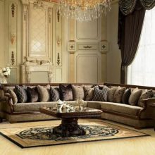 Living Room Thumbnail size Apartment Living Room Decorations With Brown Curtain For Bay Window With Rich Of Carved Coffee Table With L Shaped Traditional Sofa Set And Fully Cushion And Sofa With Straight Frames
