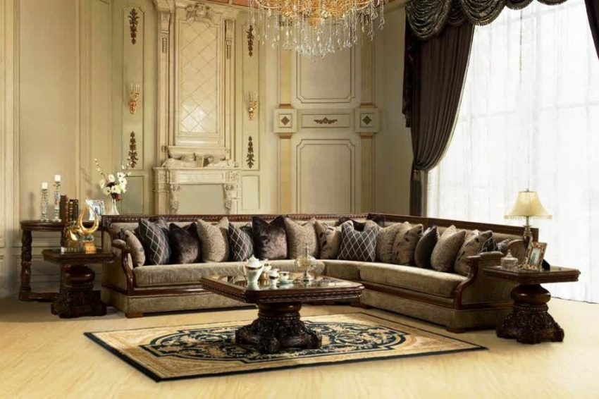 Living Room Large-size Apartment Living Room Decorations With Brown Curtain For Bay Window With Rich Of Carved Coffee Table With L Shaped Traditional Sofa Set And Fully Cushion And Sofa With Straight Frames Living Room