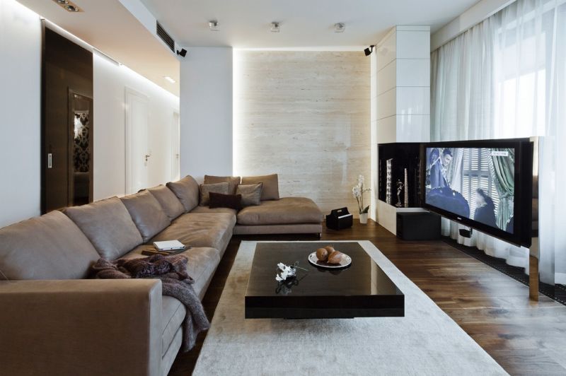 Architecture Apartment Living Room Design Ideas With Cozy Curve Black Leather Sofa And Foor Rest Also Small Rug In Elements And Traditions Design Ideas In Modern Idea Apartment Combining Architecture Elements and Traditions Bathroom Design