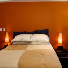 Bedroom Thumbnail size Apartments Contemporary Parks House Bedroom Interior Design With Orange And White Wall Inviting Studio Apartment Designs Interior Wall Wooden Panel Design Ideas