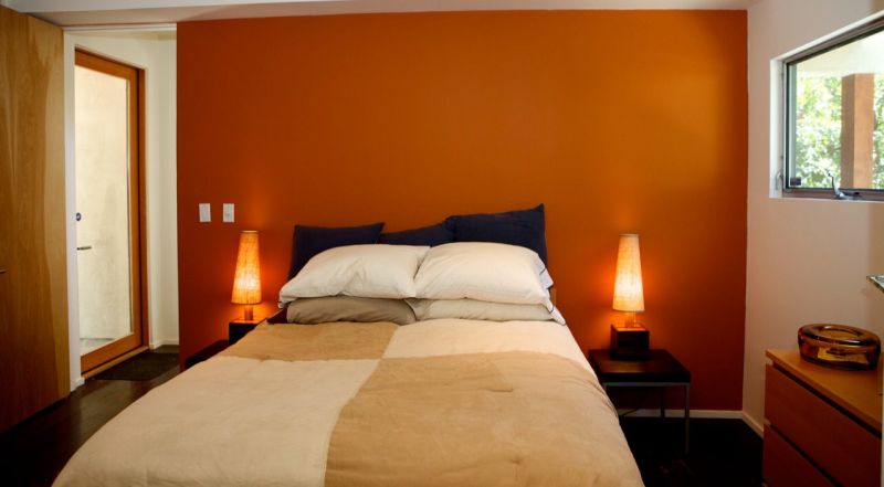 Bedroom Large-size Apartments Contemporary Parks House Bedroom Interior Design With Orange And White Wall Inviting Studio Apartment Designs Interior Wall Wooden Panel Design Ideas Bedroom