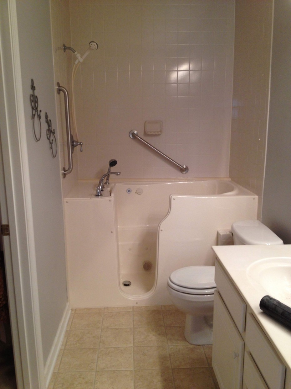 Attractive White Acrylic Walk In Drain Soaking Wheelchair Accessible Bathtub Escorted By Stainless Steel Steam Shower Tub Combo As Well As White Toto Toilet As Well As White Veneties Bathroom In Small Bathroom