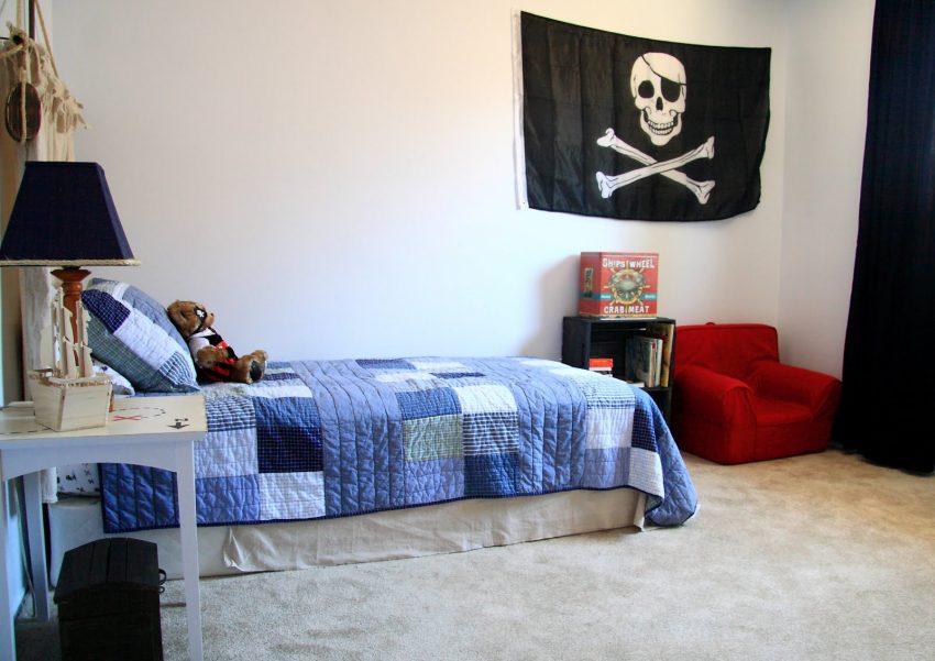 Bedroom Awesome Boys Room Paint Plan Escorted By Pirates Style Furnished Escorted By Single Bed And Table On Nightstand Completed Escorted By Red Chair Beside Black Shelf Boys Bedroom Furniture and Paint Ideas with Simple Design