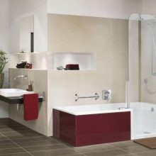 Bathroom Thumbnail size Awesome White Acrylic Right Has Well As Drain Walk In Bathtub As Well As Shower Tub Combo Escorted By Red Bath Panel As Well As Floating Single Washbasin In Modern Guys Bathroom Scheme Plan Contemporary