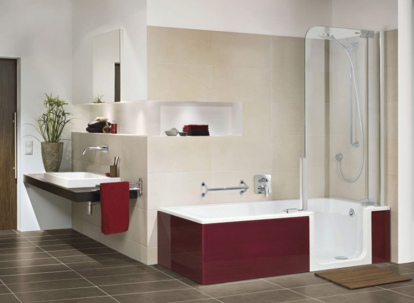 Bathroom Awesome White Acrylic Right Has Well As Drain Walk In Bathtub As Well As Shower Tub Combo Escorted By Red Bath Panel As Well As Floating Single Washbasin In Modern Guys Bathroom Scheme Plan Contemporary Sorts of Decorating Design of Bathroom