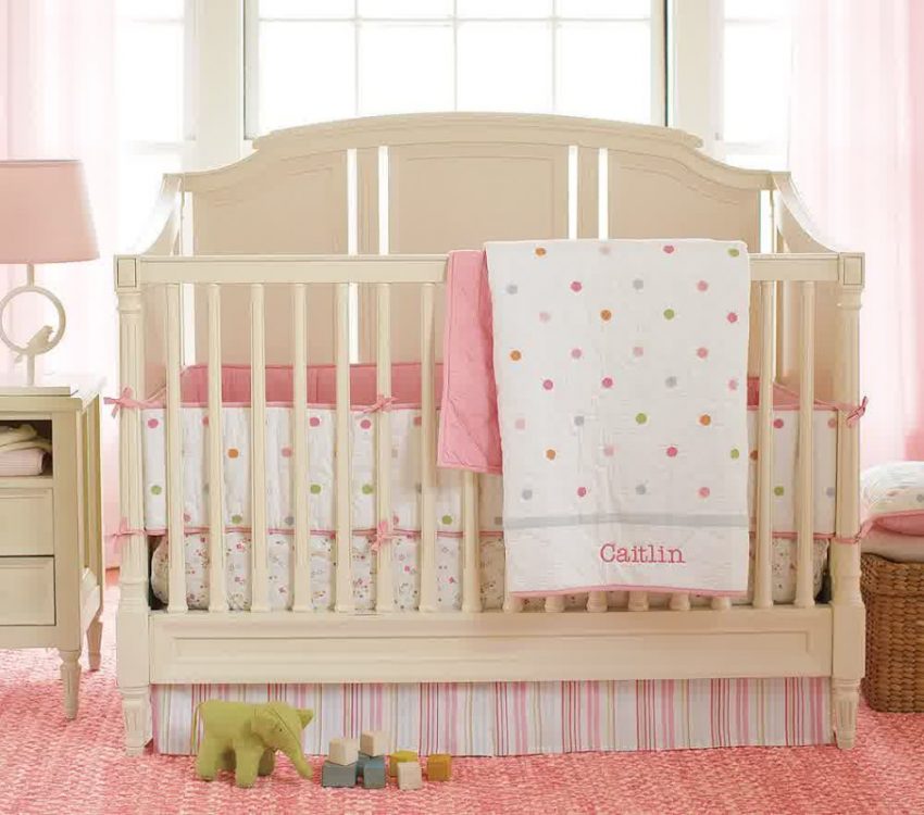 Bedroom Baby Nursery Bedding Scheme Wooden Material Made For Baby Girl Room Interior Style Scheme Cute Bedding Set Escorted By Pink Fur Rug Also Glaas Window Also Pink Curtain Also Lamp Side Interesting Baby Girls Bedrooms Design in Interior Ideas