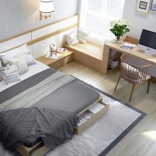 Bedroom Thumbnail size Bedroom Styles Low Profile Bed Escorted Wooden Flooring Style Carpet Flooring Style Wooden Desk Chair Wall Lamp Pillow Quilt For Bedroom Interior Style Scheme