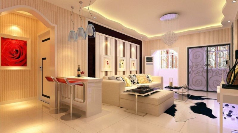 Living Room Best Living Room Lighting Ideas With Modern Wall Concept With Wall Picture Modern Chandelier Pendant Lamp On Mini Bar Chair Sofa And Table Best Fur Rug On Modern White Stained Flooring Wine Glass For Accessories Living Room Lighting Concepting