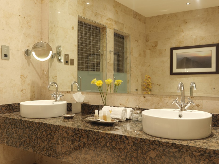 Classy Double White Round Bowl Sink On Brown Granite Countertop Mirror Vanities In Luxurious Venetian Hotel Bathroom Schemes Soothing Hotel Bathroom Scheme Furniture As Well As Picture Bathroom