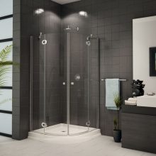 Bathroom Thumbnail size Contemporary Frameless Neo Round Clear Shower Enclosure As Inspiring Stas Well As Up Shower Escorted By Dark Subway Tile As Well As Cool Dark Polished Single Sink Vanity Bathroom In Modern Apartment
