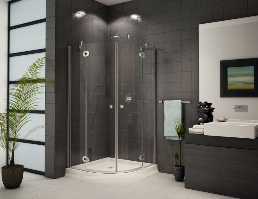 Bathroom Contemporary Frameless Neo Round Clear Shower Enclosure As Inspiring Stas Well As Up Shower Escorted By Dark Subway Tile As Well As Cool Dark Polished Single Sink Vanity Bathroom In Modern Apartment Famous Large Modern Bathroom Ideas