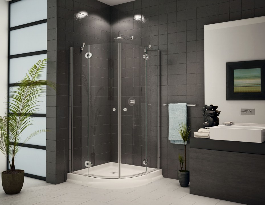 Contemporary Frameless Neo Round Clear Shower Enclosure As Inspiring Stas Well As Up Shower Escorted By Dark Subway Tile As Well As Cool Dark Polished Single Sink Vanity Bathroom In Modern Apartment Bathroom