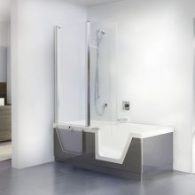 Bathroom Thumbnail size Cool White Acrylic Rectangular White Step In Bathtub Right Side Drain Escorted By Shower Tub Combo As Well As Stainless Steel Divider Shower Frame As Well As Free Stas Well Asing Head Shower Tub Chrome