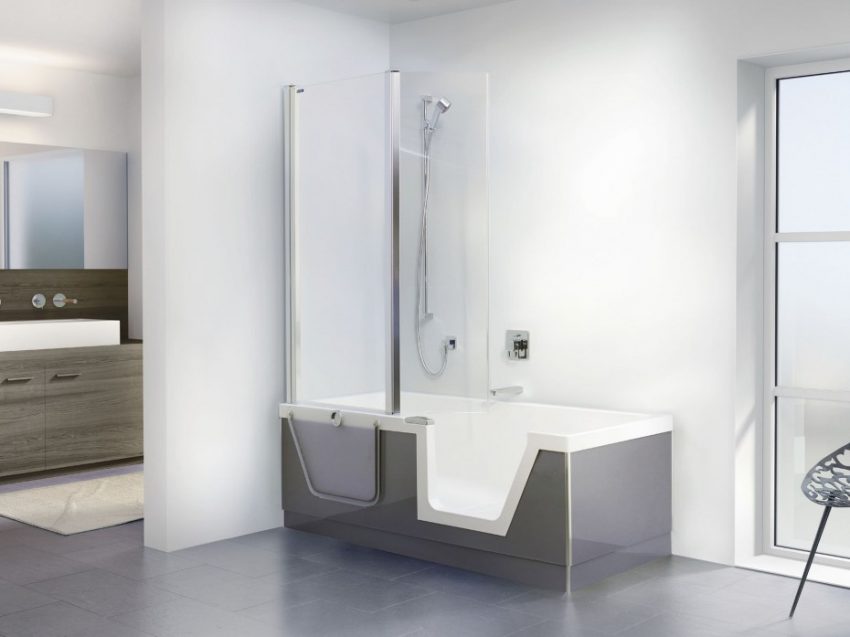 Bathroom Cool White Acrylic Rectangular White Step In Bathtub Right Side Drain Escorted By Shower Tub Combo As Well As Stainless Steel Divider Shower Frame As Well As Free Stas Well Asing Head Shower Tub Chrome The Best Large Bathroom Designs Gallery