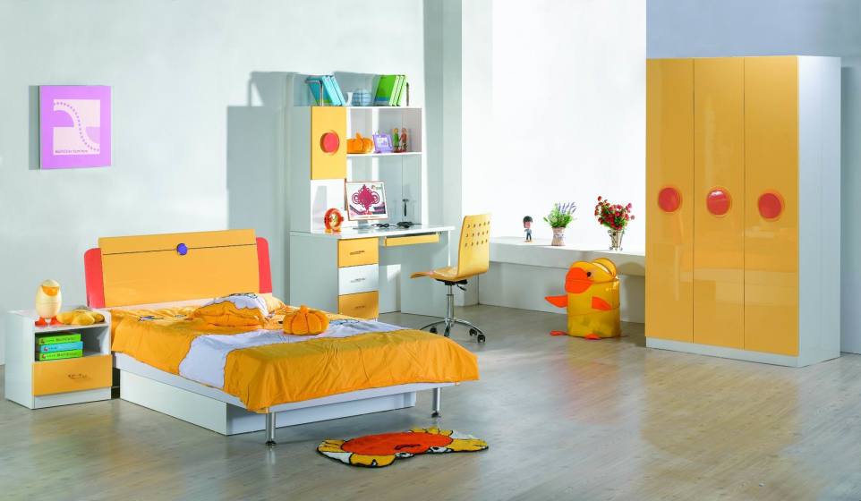 Cozy Yellow Combine White Color For Decorating Children Bedroom Furniture Set With Cot And Study Desk And Chair Closer And Small Chest Of Drawer Flower White Paint Color Book Glass Window And Simple Flooring Kids Room