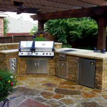 Kitchen Thumbnail size Creative Outdoor Kitchen Design With White Brick Stone Standing Kitchen Simple Stove Stone Deck Green Plant Cabinet Concept Simple Rooftop Wooden Ceiling And Simple Design With Backyard Home Concept 