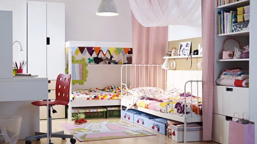 Kids Room Medium size Cute Floral White Children Furniture With Double Baunk Bed Design Ideas With White Closer Curtain Pendant Lamp Stained Wooden Ideas Red Chair And White Table Amazing Cot Pillow And Blanket For Inspiring