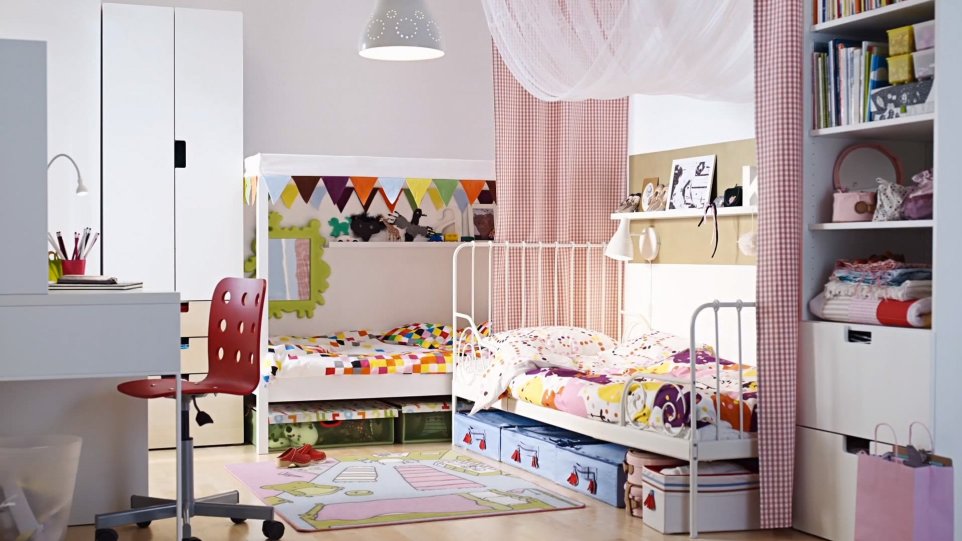 Cute Floral White Children Furniture With Double Baunk Bed Design Ideas With White Closer Curtain Pendant Lamp Stained Wooden Ideas Red Chair And White Table Amazing Cot Pillow And Blanket For Inspiring Kids Room