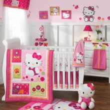 Bedroom Thumbnail size Cute Hello Kitty Baby Nursery Decoration Scheme Embroidery Lovely Quilt For Baby Girl Room Interior Style Scheme Escorted By White Wooden Crib Laminate Flooring Style Hello Kitty Rug