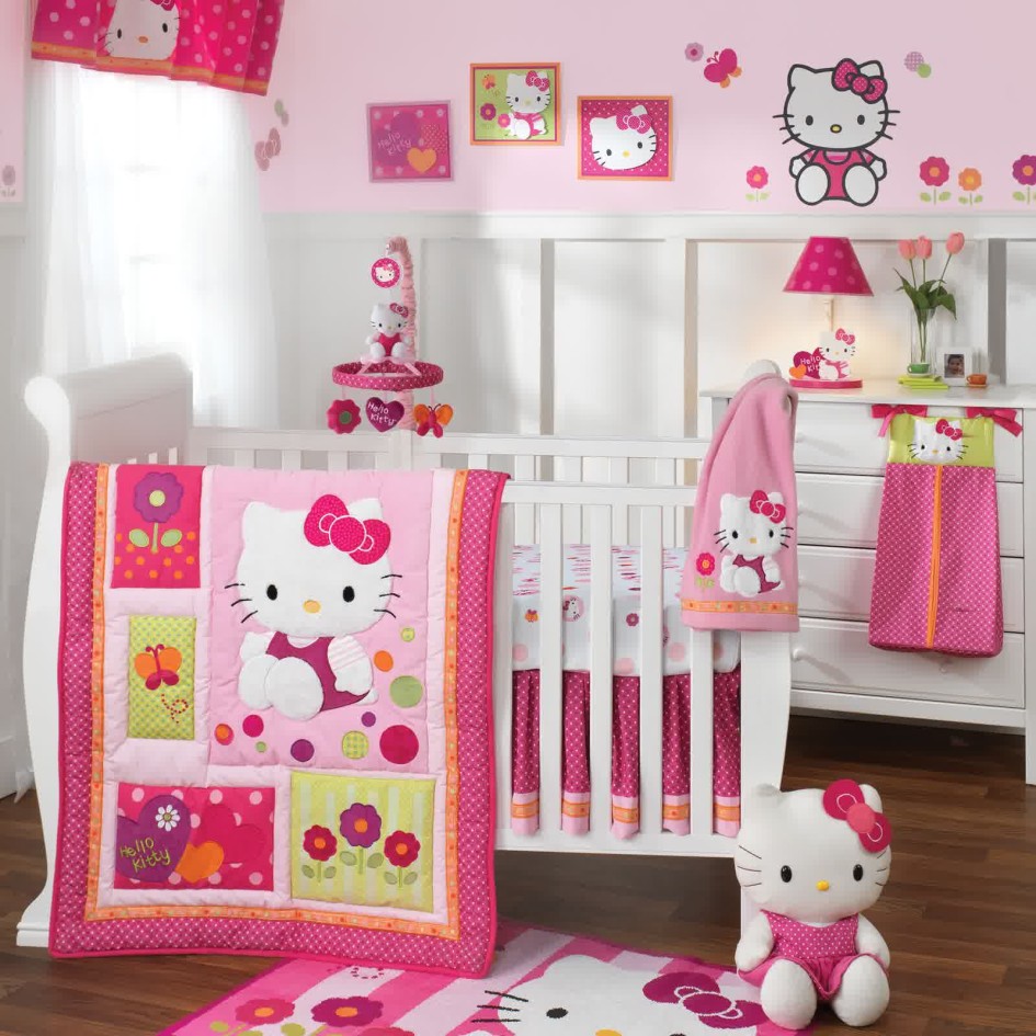 Cute Hello Kitty Baby Nursery Decoration Scheme Embroidery Lovely Quilt For Baby Girl Room Interior Style Scheme Escorted By White Wooden Crib Laminate Flooring Style Hello Kitty Rug Bedroom