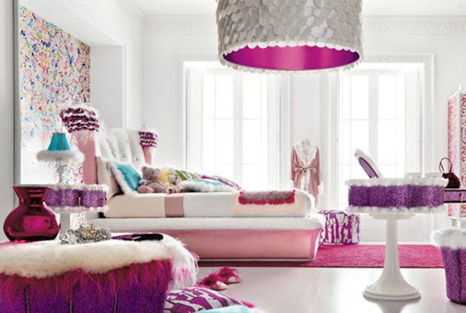 Decoration Scheme From Two Bay Window Also White Wall Interior Also White Flooring Style Escorted By Red Rug Also Purple Table Also Pendant Lamp Also White Combination Bedroom