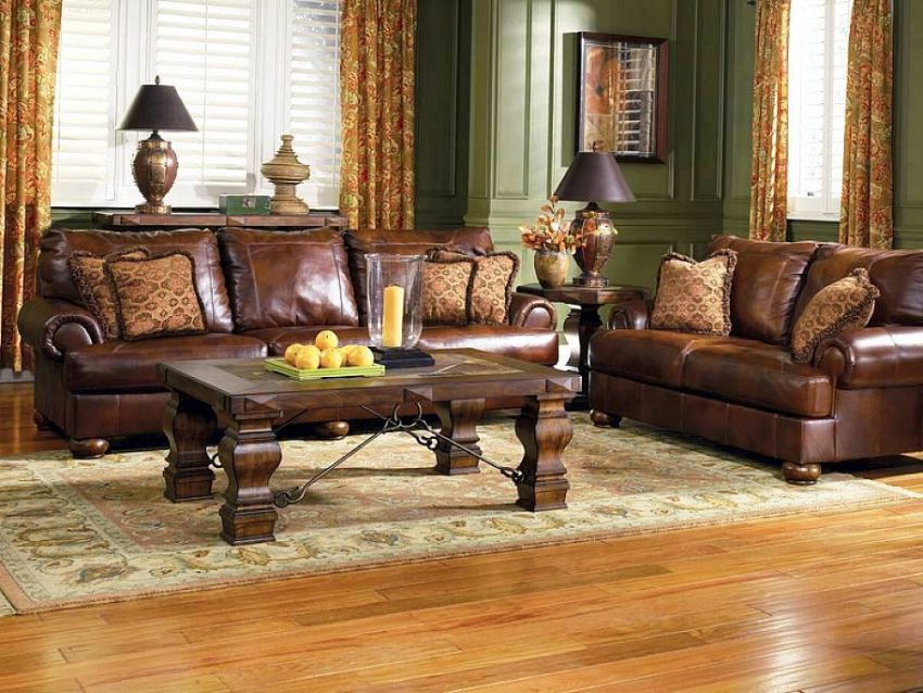 Living Room Decorations Interior Apartment Living Room And Wooden Flooring Design And Solid Wood Coffee Table With Vintage Brown Leather Sofa And Vintage Area Rugs For Small Living With Carving On The Legs A Small Living Room for Apartment Architecture