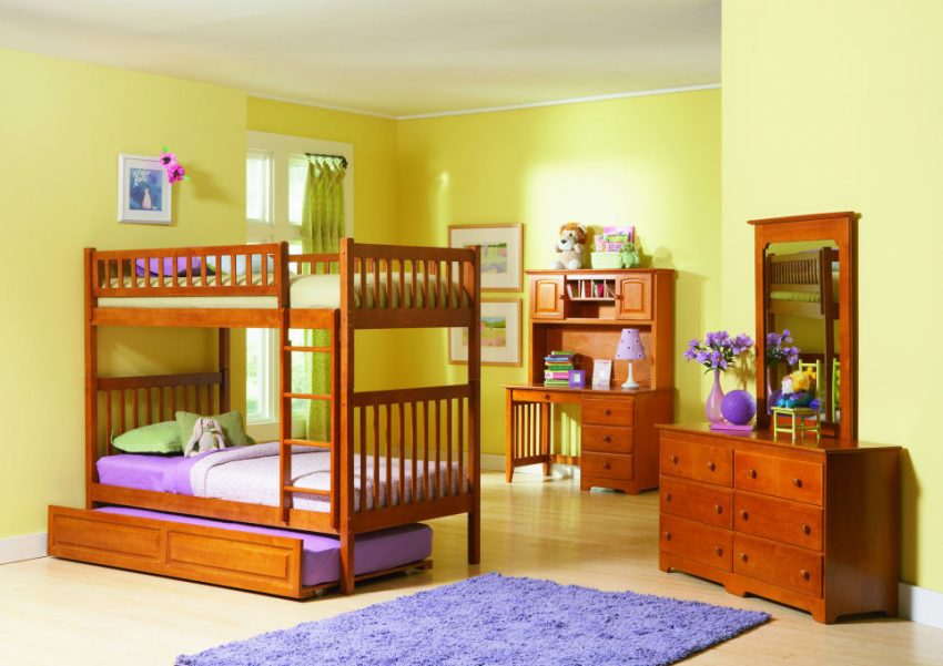 Kids Room Medium size Elegance Yellow Wall Paint Color Ideas With Best Wooden Furniture Set Children Bedroom Design With Twin Bunk Bed Chest Of Drawer And Mirrir Lamp Wall Picture Curtain And Small Window Fur Rug And Best Floorin