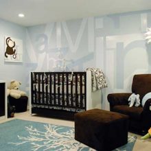 Bedroom Thumbnail size Elegant Wall Sticker For Modern Boy Baby Room Decor Scheme Escorted By Many Animal Dolls For Baby Nursery Style Scheme Escorted By Blue Carpet Flooring Style Also Brown Armchair