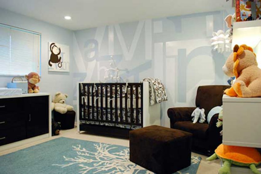 Bedroom Elegant Wall Sticker For Modern Boy Baby Room Decor Scheme Escorted By Many Animal Dolls For Baby Nursery Style Scheme Escorted By Blue Carpet Flooring Style Also Brown Armchair Interesting Baby Girls Bedrooms Design in Interior Ideas